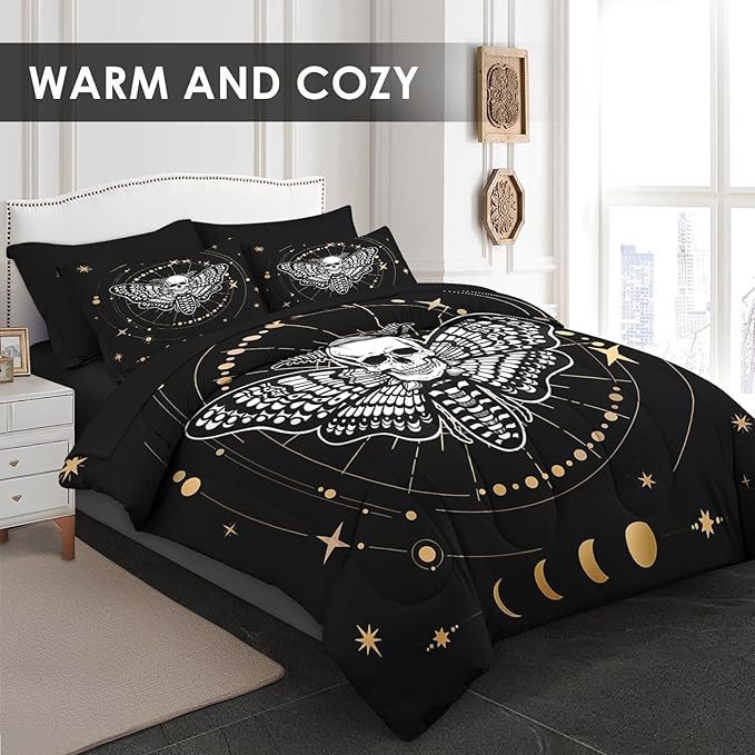 Comforter Set Queen Size, Moth Dead Sun Moon 7 Pcs Bedding for Adults, Animal Butterfly Bed Sheet Sets with Fitted Sheet 2 Pillowcases & 2 Shams for Bedroom Bed Decor