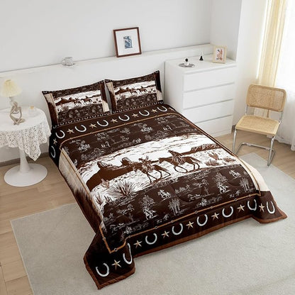 Feelyou Western Aztec Comforter Set King Size Horse Cowboy Bedding Set for Boys Men Kids Teens Rustic Western Decor Country Wild West Down Comforter Brown and White Duvet Set with 2 Pillowcase