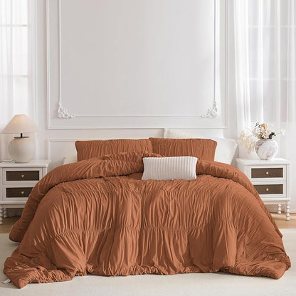 Lady Ann Queen Size Comforter Set - Pumpkin Ruched Bedding, 3-Piece Fluffy Bedding Comforter Set for Women, Ultra Soft and Luxurious All-Season Boho Bedding Set for Bedroom.