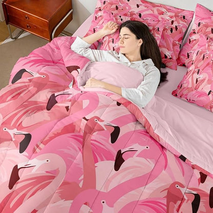 Erosebridal Flamingo Animal Girls Women 7 Piece Bedding Set Twin | Kawaii Cute Comforter Set with Sheets Romantic Bed in A Bag Black Pink Bed Sets