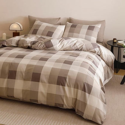 CLOTHKNOW Khaki Plaid Full Size Comforter Sets Gingham Tartan Bedding Comforter Sets Geometric Comforter with 2 x Pillow Cases
