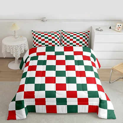 Checkered Christmas Comforter Set Toddler Size Red Green Plaid Bedding Set for Kids Boys Girls Geometric Vintage Duvet Quilt Modern Simple Groovy Aesthetic Bedroom Decor 2 Pcs with 1 Pillow Cases