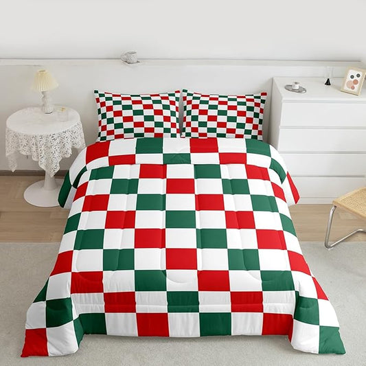 Checkered Christmas Comforter Set Toddler Size Red Green Plaid Bedding Set for Kids Boys Girls Geometric Vintage Duvet Quilt Modern Simple Groovy Aesthetic Bedroom Decor 2 Pcs with 1 Pillow Cases