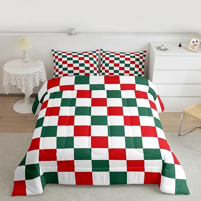 Checkered Christmas Comforter Set King Size Red Green Plaid Bedding Set for Kids Boys Girls Geometric Vintage Duvet Quilt Modern Simple Groovy Aesthetic Bedroom Decor 3 Pcs with 2 Pillow Cases