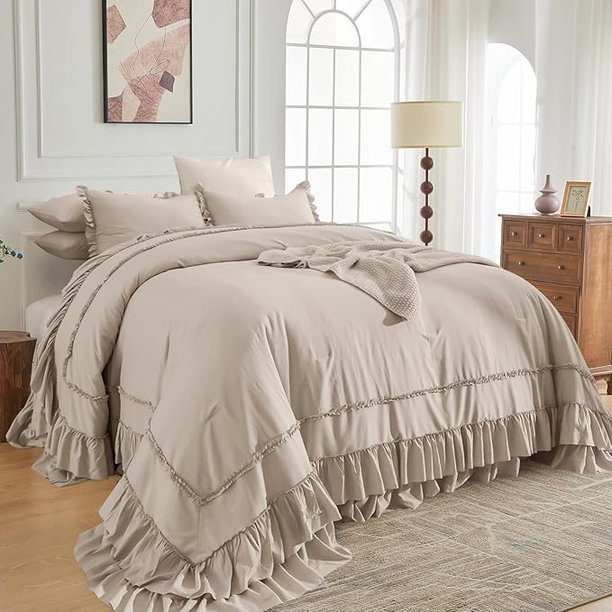 Sanracie Oversized King Comforter Set 128" x 120", Cotton Boho Shabby Vintage Ruffled Comforter Sets Linen Feel Comfortable Breathable French Country Bedding Set 3Pcs for All Season