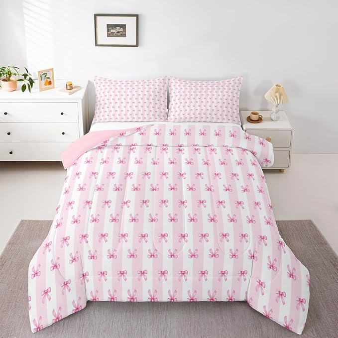 Castle Fairy Kids Bow Comforter Set King Size,Pink Bowknot Stripes Bedding Sets 3Pcs for Girls Teens Woman Room Decor,Sweet Princess Style Quilted Duvet Girly Bow Ribbon Down Comforter,2 Pillowcases