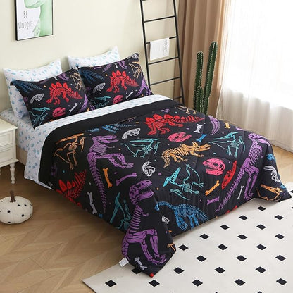 7 Piece Boys Dinosaur Comforter Set Twin Size 3D Black Dinosaur Skeleton Bedding Set for Toddler Kids Teens Christmas Birthday Gift