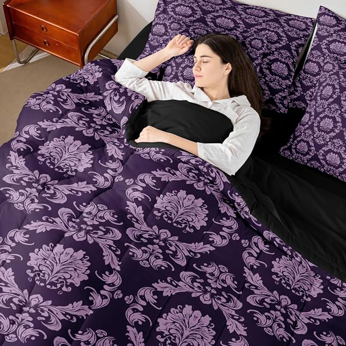 Erosebridal Black and Purple Damask Full Size Bed Sheets and Comforter Set | Antique Decor Gothic Vintage Floral 7 Piece Bedding Set Goth Victorian Bed in a Bag, Luxury Bohemian Room Decor