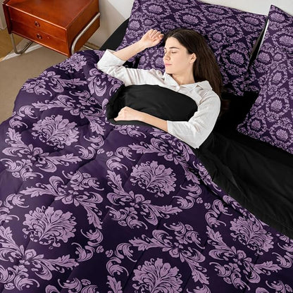 Erosebridal Black and Purple Damask Full Size Bed Sheets and Comforter Set | Antique Decor Gothic Vintage Floral 7 Piece Bedding Set Goth Victorian Bed in a Bag, Luxury Bohemian Room Decor