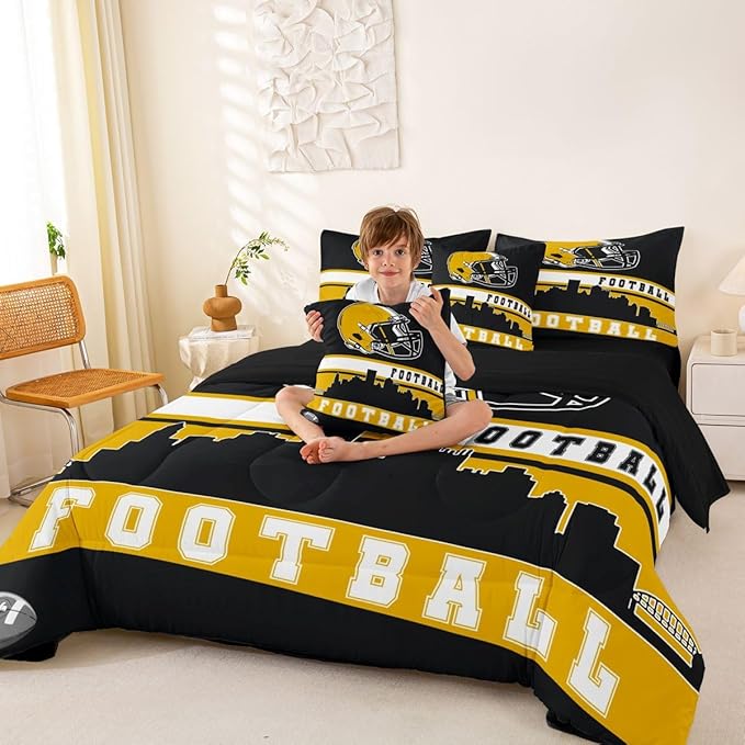 Erosebridal Football City 7 Pcs Comforter Set Queen Football Bedding Boys Girls Yellow Black Rugby Game Sheet Set Bed in A Bag Football Fans Room Decor Sports Ball Team Bed Set