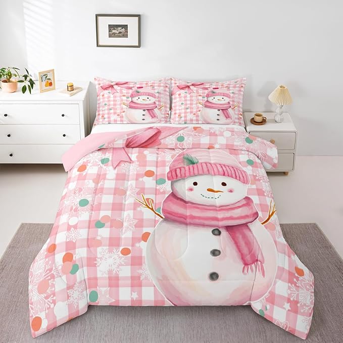Castle Fairy Cute Cartoon Snowman Comforter Set,Pink Bow Girly Style Bedding Set Kids Teens Modern Decor,Pink White Geometric Grid Dots Comforter with 1 Pillowcase for All Seasons,Twin