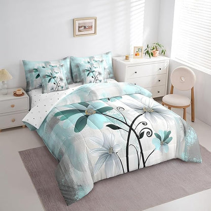 Feelyou Flower Comforter Set Twin Size 7 Pieces Vintage Floral Bedding Set for All Season Butterfly Botanical Nature Theme Bed in a Bag with Comforter, Sheets, Pillowcases & Cushion Cover
