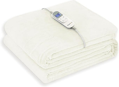 Wapaneus Foot Pocket Heated Blanket Electric Throw with 10 Heating Levels and Auto Shut Off,Flannel Fast-Heating Heated Throw 50" x 60",ETL Listed Machine Washable,Ivory