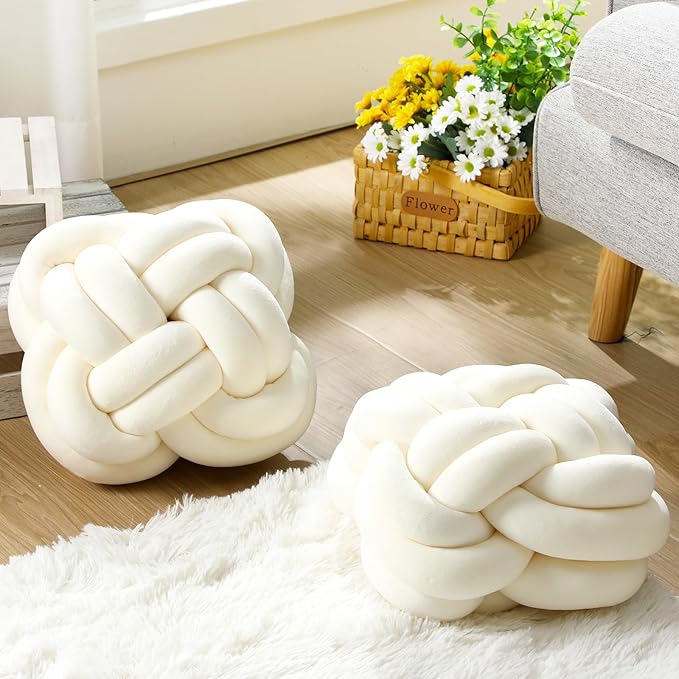 2 Pcs Knot Pillow Balls Set, 12 Inch Soft Decorative Throw Knot Pillow Ball, Large Square Knotted Floor Cushion for Living Room Bedroom Sofa Couch Bed Home Decoration(Beige)