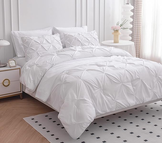 LANE LINEN Twin XL Comforter Set - Extra Long 5 Piece Dorm Bedding Sets - Pinch Pleat Bed in a Bag - Includes Pintuck Comforter, Sheets, Pillowcase & Sham - Durable Stitching for Everyday Use - White | Durable stitching, Soft pinch pleat, Extra long co...