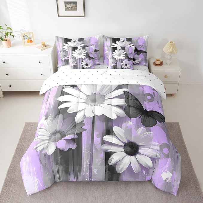 Feelyou Girls Daisy Flower Comforter Set with Sheets Full Size 7 Pieces Kids Butterfly Floral Bedding Set for Boys Women Teens Purple Black Simple Modern Abstract Art Bed in a Bag Room Decor
