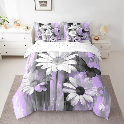 Feelyou Girls Daisy Flower Comforter Set with Sheets Full Size 7 Pieces Kids Butterfly Floral Bedding Set for Boys Women Teens Purple Black Simple Modern Abstract Art Bed in a Bag Room Decor