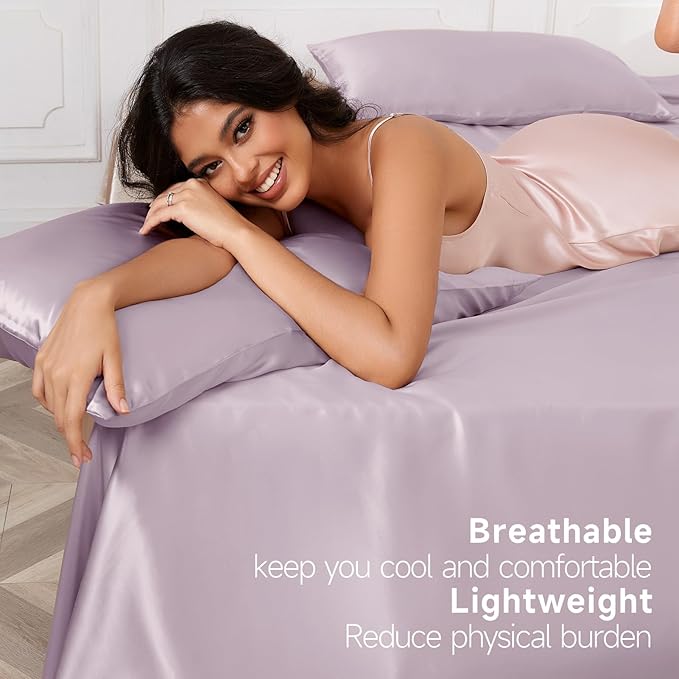 THXSILK Luxury Mulberry Silk Bed Sheets Set - 4pcs Silk Sheets Set 16" Deep Pocket - 1 Flat Sheet, 1 Fitted Sheet, 2 Pillowcases with Zipper Closure - Queen, Light Purple
