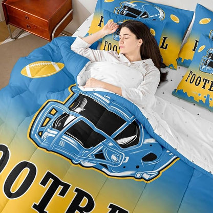 Erosebridal American Soccer 7 Pcs Bedding Set Full Boys Football City Comforter Set with Sheets Sports Rugby Competitive Ball Games Bed in A Bag Blue Yellow Bed Set for Kids Teen Adults