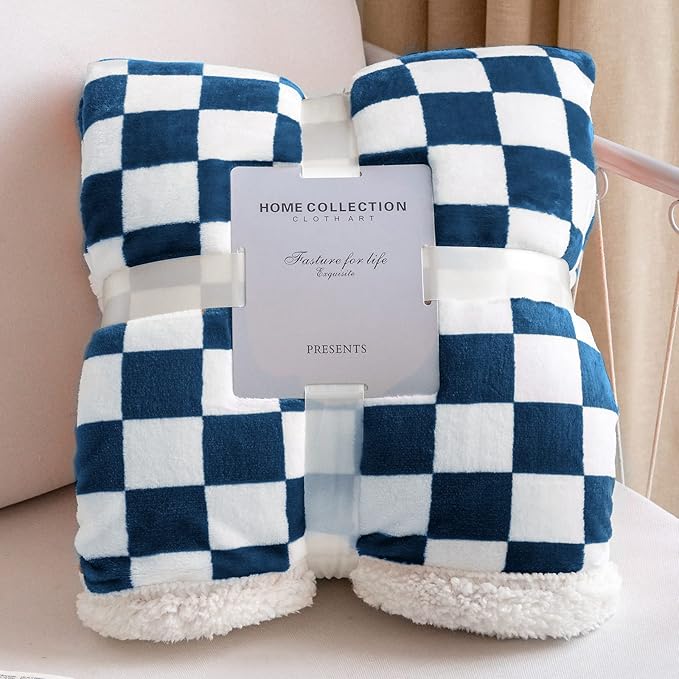 LOMAO Sherpa Throw Blanket Fleece Blanket with Checkered Pattern Soft Thick Blanket for Couch, Bed, Sofa Luxurious Warm and Cozy for All Seasons (Navy, 51"x63")