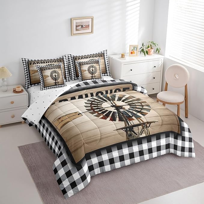 Erosebridal Farmhouse Windmill Comforter Set Bed in a Bag Full 7Pcs for Kids Boys Rustic Wooden Comforter Set with Flat Fitted Sheets, 2 Pillowcases and 2 Throw Pillow Covers