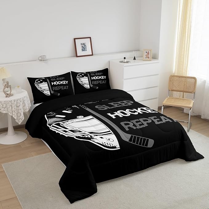 Erosebridal Ice Hockey Queen Comforter Set,Winter Sports Bedding for Teens Adult,Grey Eat Sleep Hockey Sketch Quilt Inner Fill,Boys Ball Game Duvet Insert with 2 Pillowcases for All Season Use