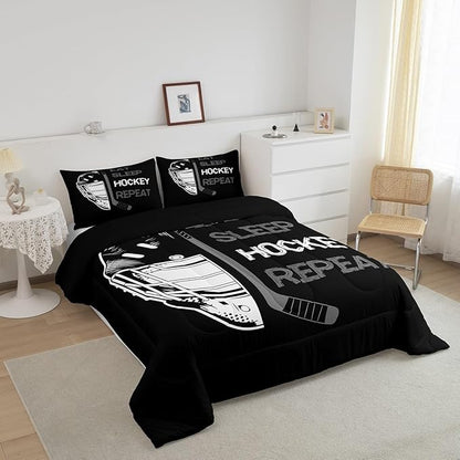 Erosebridal Eat Sleep Hockey Bedding Full,Ice Hockey Comforter for Boys,Winter Sports Game Comforter Sets,Hockey Player Stick Quilted Duvet with 2 Pillowcases Home Room Decor,Black Gray