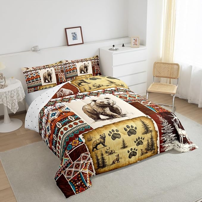 Erosebridal Rustic Cabin Comforter Set Boho Aztec Quilt,Woodland Animals Bear Moose Elk Deer Bedding Sets Queen,Tribal Geometric Diamond Duvet Insert Vintage Country Cottage Farmhouse Decor