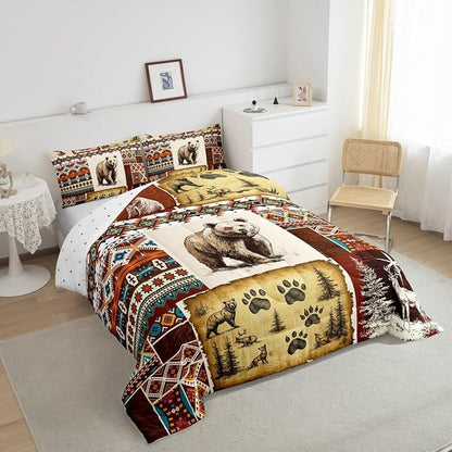 Erosebridal Rustic Cabin Comforter Set Bohemian Aztec Quilt,Woodland Animals Bear Moose Elk Deer Bedding Sets King,Indian Tribal Geometric Diamond Duvet Insert Retro Western Home Decor