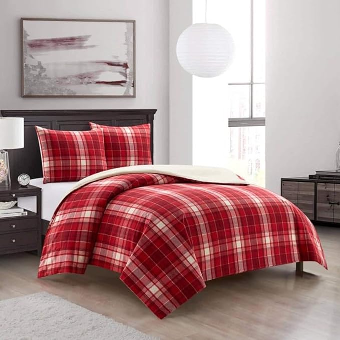 Dearfoams Super Soft 100% Cotton Comforter Set, Red Plaid, Full/Queen