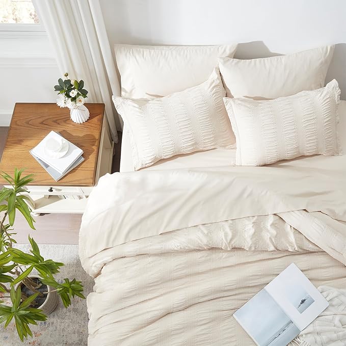 Zzlpp King Comforter Set 7 Pieces, Beige Seersucker Bed in a Bag with Comforter and Sheets, All Season Bedding Sets with 1 Comforter, 2 Pillow Shams, 2 Pillowcases, 1 Flat Sheet