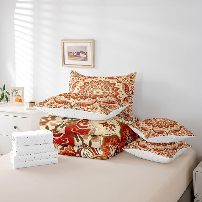 Oriental Floral Queen Size Comforter Set Vintage Flower Bedding Comforter Sets for Teens Adults, Art Deco Medallion Bed in a Bag 7pcs Retro Aesthetic Bedding Set, Boho Paisley Bed Set Lightweight