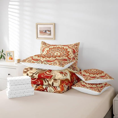 Oriental Floral Comforter Set Vintage Flower Bedding Comforter Sets for Teens Adults, Art Deco Medallion Bed in a Bag Retro Aesthetic Bedding King 7pcs, Boho Paisley Bedding Accessories Lightweight