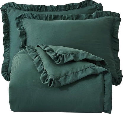 Chezmoi Collection Nora Emerald Green Comforter Set Full Size 3-Piece Fluffy Soft Lightweight Bedding Ruffled Edge Trim Stone-Washed Microfiber Comforter Set for All Season