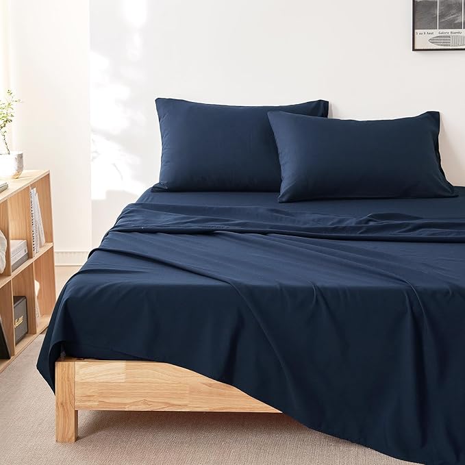Wake In Cloud - Striped Comforter Set with Sheets, Ticking Stripe Vertical Pinstripe Neutral Farmhouse Pattern Printed, 5 Pieces Bed in a Bag, Navy Blue White, Twin Size