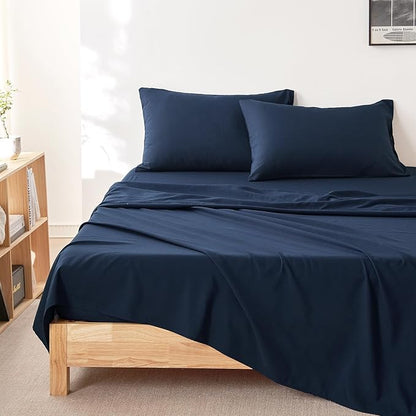 Wake In Cloud - Striped Comforter Set with Sheets, Ticking Stripe Vertical Pinstripe Neutral Farmhouse Pattern Printed, 5 Pieces Bed in a Bag, Navy Blue White, Twin Size