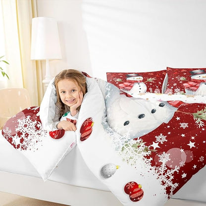 Cute Snowman Comforter Set Queen Size,Merry Christmas Bedding Set 3Pcs Xmas Red Bells and Snowflake Quilt Set for Kids Boys Girls Teens Room Decor Watercolor Cartoon Duvet Insert,2 Pillowcases
