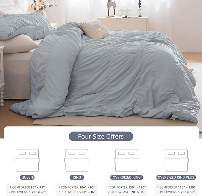 Lady Ann King Comforter Set Light Blue Ruched Bedding Comforter Sets for Bedroom, Ultra Soft Ruffle Fluffy King Size 106"*95" Shabby and Chic Bed Sets, 3PCS