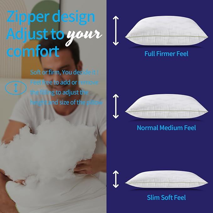 Bed Pillows Queen Size Set of 4,for Sleeping, Adjustable Queen Pillows 4 Pack with Zipper, Cooling Hotel Quality with Premium Soft Down Alternative Fill