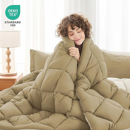 MUXHOMO 5 Pieces Twin Comforter Set, Reversible Bed in a Bag Twin Size, All Season Bedding Set with Comforter, Flat Sheet, Fitted Sheet, Pillowcases & Shams, Khaki & Linen