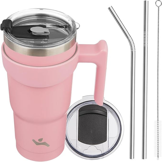 20 oz Tumbler with Handle and 2 Straw 2 Lid, Insulated Water Bottle Stainless Steel Vacuum Cup Reusable Travel Mug, Light Pink