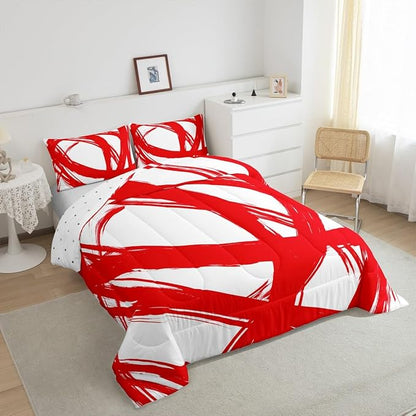 Red and White Abstarct Comforter Set Twin Size for Kids Boys Girs,Graffiti Stripes Lines Bedding Set,Aesthetic Geometric Duvet Insert for Minimalists,Contemporary Boho Modern Art Quilt
