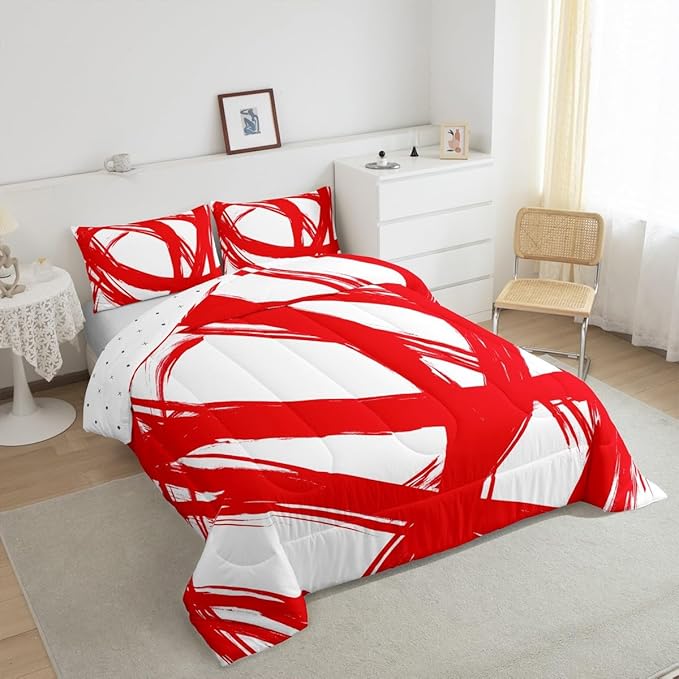 Erosebridal Red and White Abstarct Toddler Bedding Set,Aesthetic Geometric Comforter Set for Minimalists,Graffiti Stripes Lines Quilt,Contemporary Boho Modern Art Duvet Insert for Minimalism