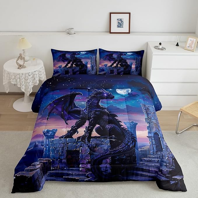 Feelyou Dragon Comforter Set Twin Size Moon Light Dragon Comforter for Boys Girls Teens Gothic Bedding Set Wildlife Duvet Set Room Decor Acid Blue Quilt Set
