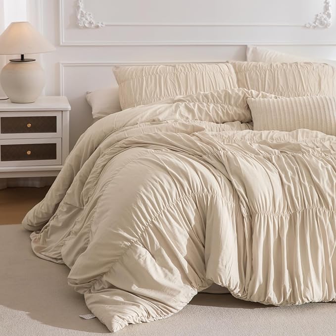 Masaca Oversized King Comforter 128"x120",Ruched Wheat Extra Large King Comforter Set,3 Pieces Lightweight Fluffy Ruffle Comforter Set Shabby Boho Chic Bedding Ultra Soft