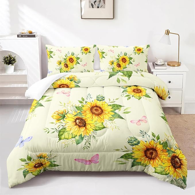 3 Piece Sunflower Comforter Sets Twin Size,Vintage Floral Bedding Set for Girls Boys Adults,3 Piece Bed in A Bag,Ultra Soft Microfiber All Season Yellow Flower Bedding Set