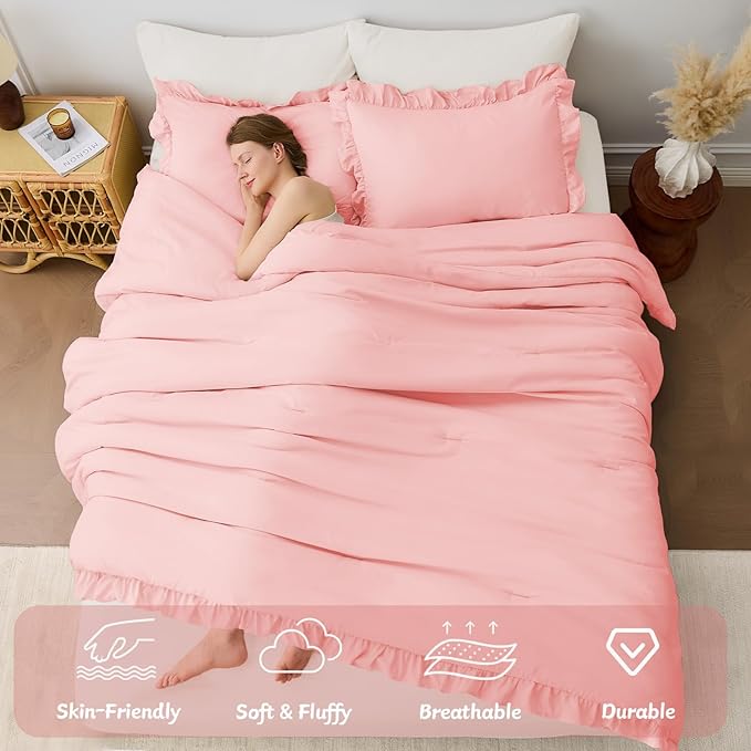 FUANNA Twin Comforter Set Pink, 2 Pieces Ruffle Twin Bed Set, Fluffy Twin Bedding Sets for All Seasons, Farmhouse Bed in a Bag with 1 Comforter & 1 Pillowsham