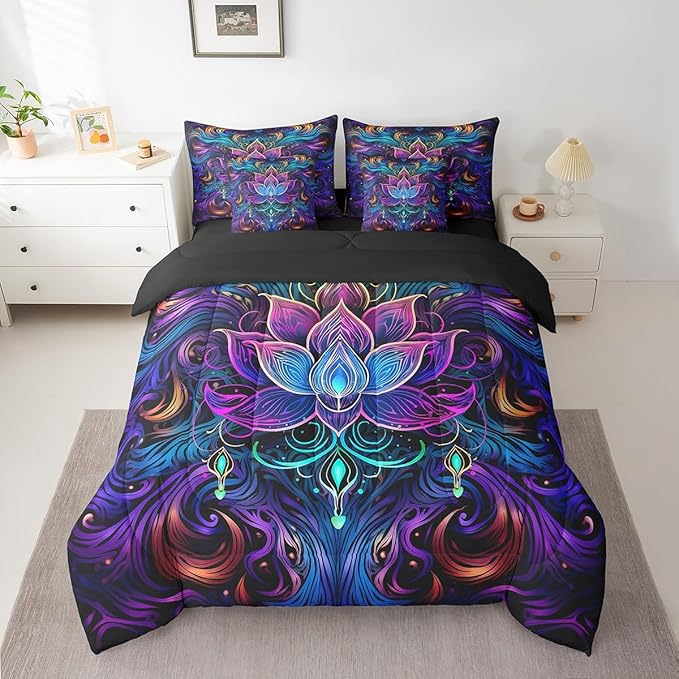 Erosebridal Lotus Bedding Comforter Sets Bohemian Theme Bed in a Bag Purple Gradient Bedding Queen Size 7pcs Tribal Paisley Comforter Set Girls Flower Bedding Accessories Navy Blue Floral Decor