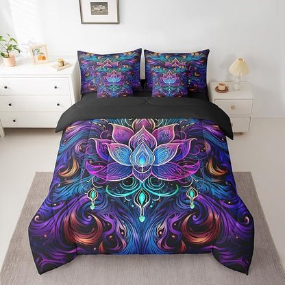 Lotus Bedding Comforter Sets 7 Pieces Bohemian Theme Bed in a Bag Purple Gradient Twin Bedding Sets Tribal Paisley Comforter Set Girls Flower Bedding Sets & Collections Navy Blue Floral Decor