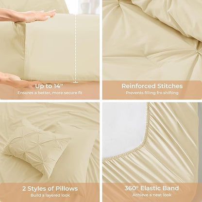 Sasttie Queen Comforter Set, 7-Piece Bed in a Bag, Pintuck Bedding Sets for All Season, Includes Comforter, Flat Sheet, Fitted Sheet, Pillowcases and Pillowshams, Pale Yellow